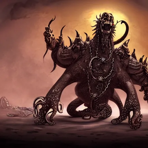 Image similar to bloated featherless large crow - octopuss hybrid, dragon - like, large body, angry, chained up, chains, world of warcraft art style, wow cinematic cutscene, sand, desert ruins, lovecraftian, dnd, eldritchpunk, + ink sketch by mark harrison