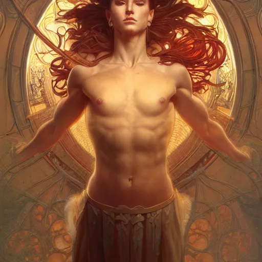 Image similar to portrait of a heavenly god, full body, muscular, fantasy, intricate, elegant, dramatic lighting, highly detailed, digital painting, artstation, concept art, matte, sharp focus, illustration, art by artgerm and greg rutkowski and alphonse mucha