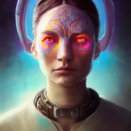 Prompt: portrait of a future metaverse cyborg tech shaman warrior by Mandy Jurgens, 2D cartoon, flat cartoony, oil painting visionary art, symmetric, Magick symbols, holy halo, shipi bo patterns, sci-fi