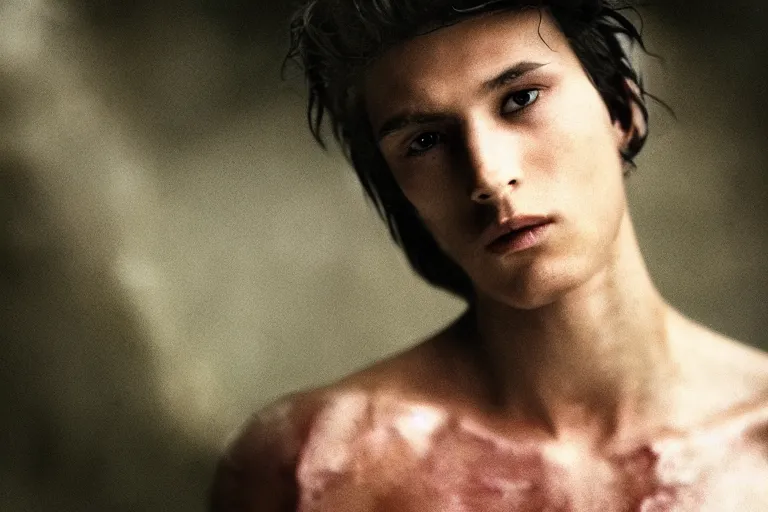 Image similar to a closeup cinematic!! headshot photograph!! of a male model wearing a ripped shirt, stood in a tunnel, rain, dirt, film still, cinematic lighting, by bill henson