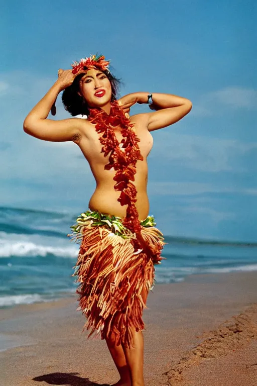 Prompt: female hawaiian hula dancer on beach by kim taylor reece, haunani veruschka von lehndorff, franco rubartelli, vogue landscape photo