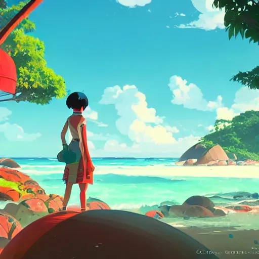 Image similar to enjoying the holidays in seychelles in 2 0 5 0!!, detailed, cory loftis, james gilleard, atey ghailan, makoto shinkai, goro fujita, studio ghibli, rim light, exquisite lighting, clear focus, very coherent, sea in background