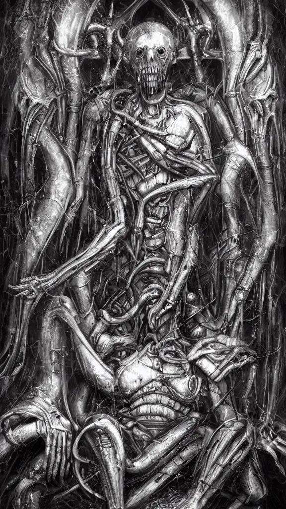 Image similar to god is dead, and ai killed him, in the style of hr giger, hyperrealistic, photorealistic, scifi illustration, 4 k, ultra hd, rendered in unreal engine 5, dark, gritty, evil, award winning, mystical, dungeons and dragons, mechanical