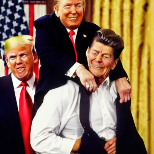 Image similar to trump getting a piggy - back ride from ronald reagan