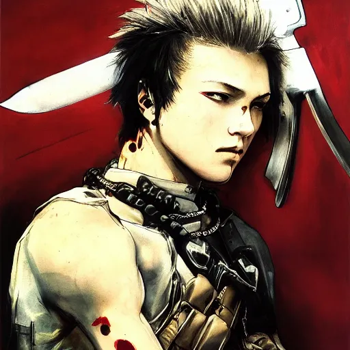 Prompt: portrait of a young white hero using his right arm to hold his sword covering his eye by yoji shinkawa, high quality, extra details, realism, ornate, colored, golden chain, blood, white skin, short hair, brown eyes, vivid, sunlight, dynamic, american man, freedom, white american soldier, painting