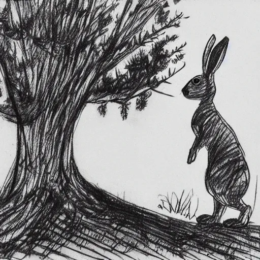 Image similar to milt kahl pen and ink sketch of a rabbit silhouette standing by a tree in the forest facing away disney style