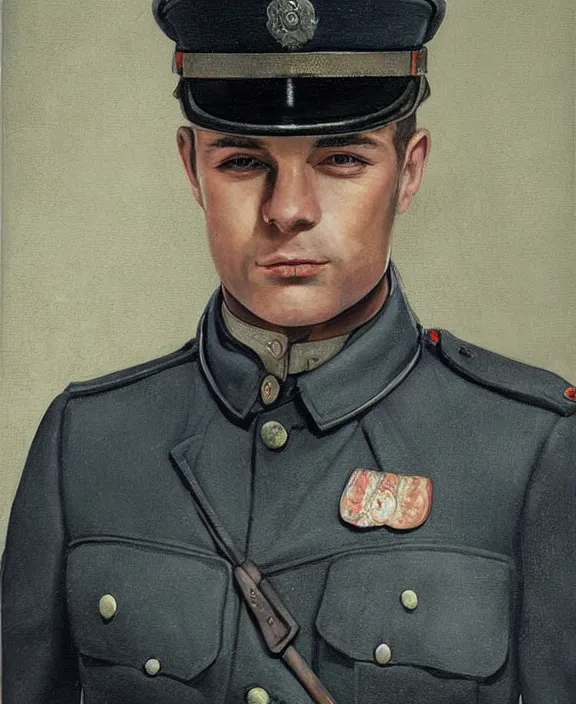 Image similar to portrait of a handsome young german policeman in berlin, art by denys tsiperko and manuel sanjulian and bogdan rezunenko, hyperrealism