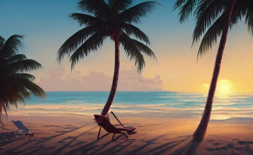 Prompt: painting of a beach chair at sunset with tropical palm trees, natural light, concept art, by greg rutkowski, cozy atmospheric and cinematic lighting