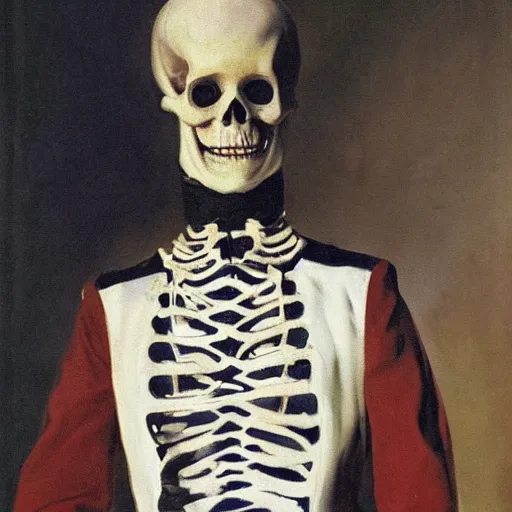 Prompt: A portrait of a skeleton in a Russian Tsar's uniform, painted by John Singer Sargent