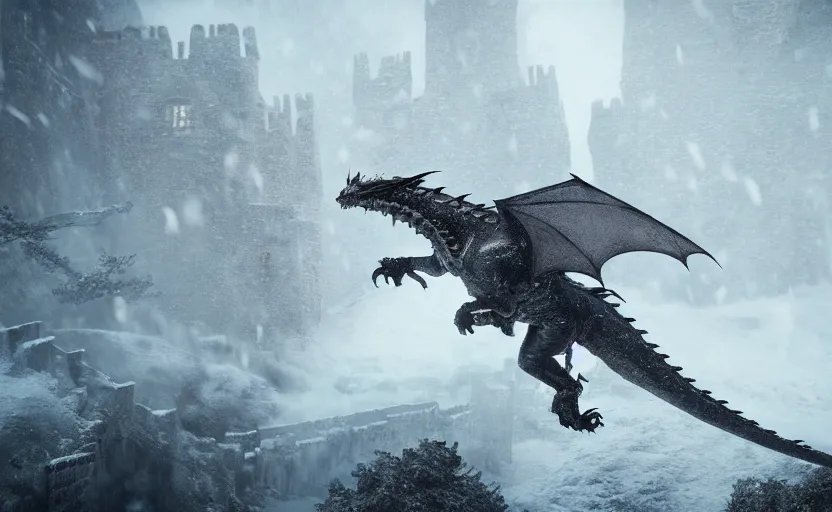 Image similar to A dragon flying over the high city wall in the snowstorm, doomy, Unreal Engine, cinematic photography, highly-detailed, games of thrones, HBO, high resolution