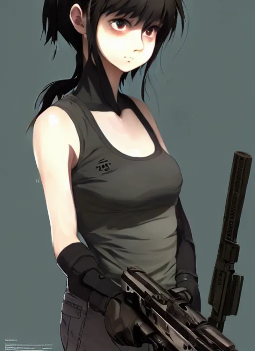Prompt: a girl with black sports clothes, realistic airsoft mask, softair center landscape, illustration, concept art, anime key visual, trending pixiv fanbox, by wlop and greg rutkowski and makoto shinkai and studio ghibli and kyoto animation, airsoft cqb, symmetrical facial features, short hair, airsoft electric pistol, realistic anatomy