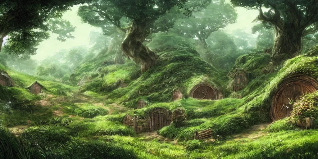 Prompt: lush and beautiful concept art for the shire, lord of the rings, peter jackson, studio ghibli, detailed,