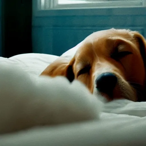 Prompt: close - up of a dog sleeping in a bed made of clouds, cinematic shot, photo still from movie by denis villeneuve