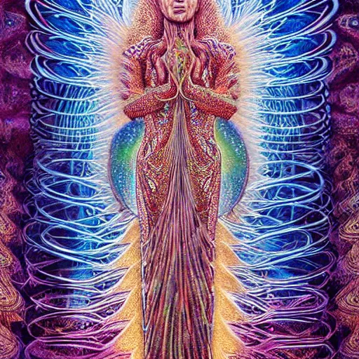 Image similar to 3 d goddess minerva, medium shot portrait. beautiful hyperrealistic intricate highly detailed and richly embroidered with esoteric symbols gown, surrounded by stacks of books bioluminescent, curious, plasma,, artwork by alex grey and salvador dali