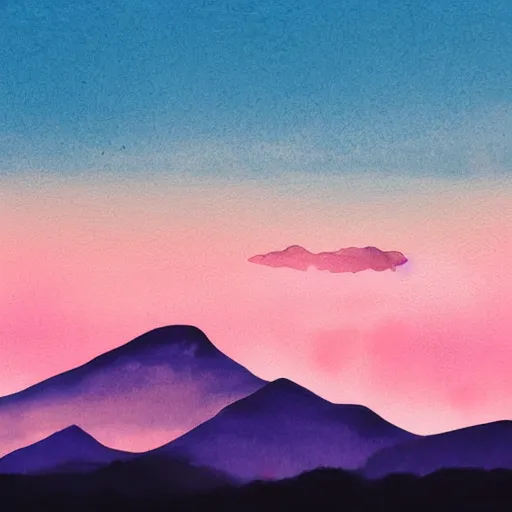 Image similar to blue watercolor mountains with a pink and blue rising sun cloudy sky, soft colors