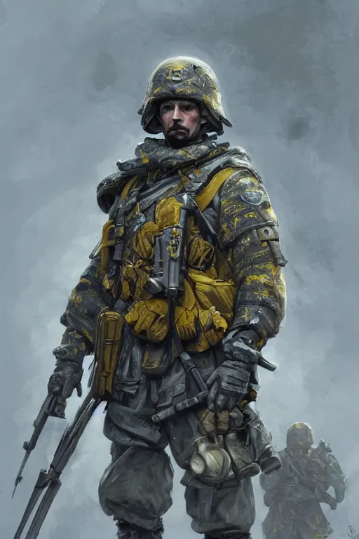 Prompt: a distant shot of a Ukrainian Call of Duty soldier with blue and yellow uniform standing alone on a pile of skulls as a winner, masculine figure, D&D, fantasy, intricate, elegant, highly detailed, extremely detailed, digital painting, artstation, concept art, matte, sharp focus, symmetrical, illustration, art by Artgerm and Greg Rutkowski and Alphonse Mucha