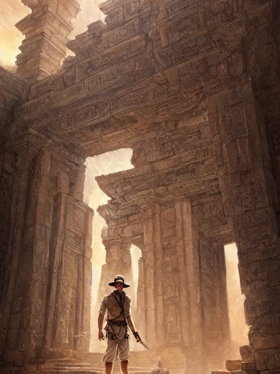 Prompt: indiana jones standing in front of an ancient temple, digital painting, extremely detailed, 4 k, intricate, artgerm, by zhenyu liu