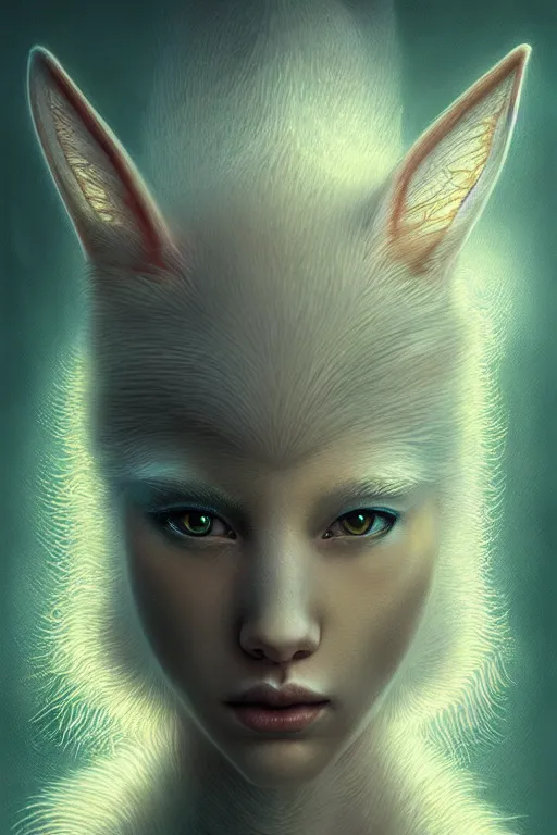 Image similar to complete and delicate portrait of a white nine - tailed fox, beautiful, agile, fairy, myth, legend, detailed, trending on artstatioin, light effects, kilian eng, john harris, bastien lecouffe - deharme