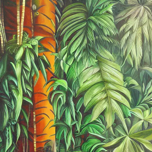 Image similar to 4 th wall jungle painting, oil and acrylic on canvas, high detail