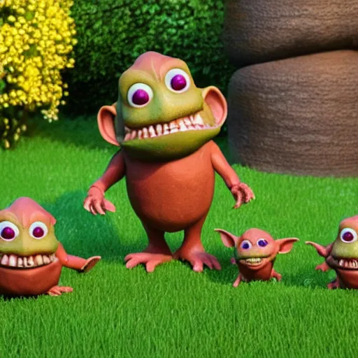 Image similar to disgusting brown Boglins, plastic goblin monster toys in a backyard garden, by PIXAR, octane render