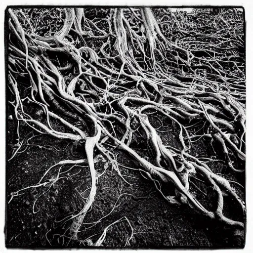 Prompt: ward - winning photograph of pitch black, tar - like, shadow roots with lots of tendrils spreading everywhere, intricate detail, goopy, deep black roots, infestation, shadowy, lovecraftian