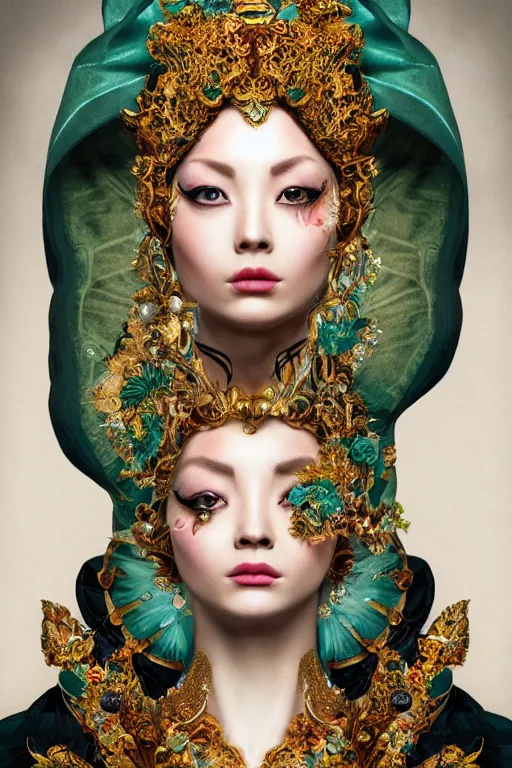 Image similar to a beautiful empress portrait, with a brilliant, impossible striking big Cat headpiece, clothes made of cats, everything cats, symmetrical, dramatic studio lighting, rococo, baroque, greens, asian, hyperrealism, closeup, D&D, fantasy, intricate, elegant, highly detailed, digital painting, artstation, octane render, 8k, concept art, matte, sharp focus, illustration, art by Artgerm and Greg Rutkowski and Alphonse Mucha