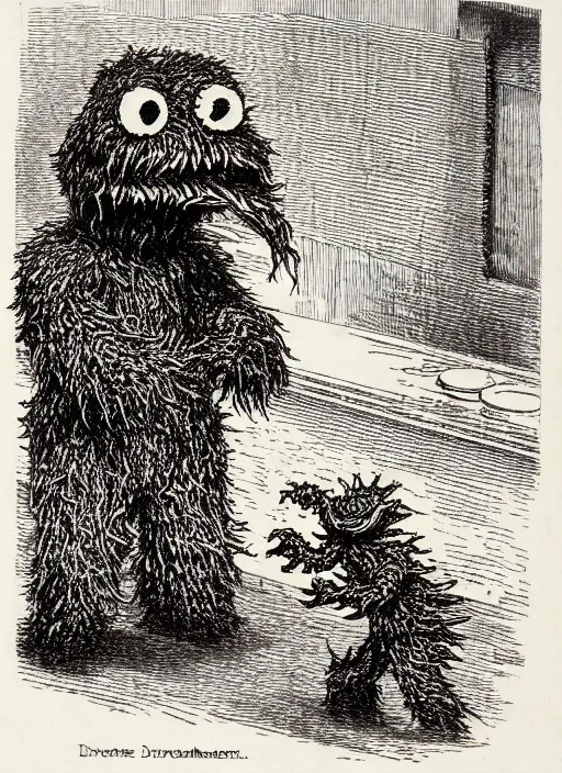 Prompt: cookie monster devours gingerbread men, demon from the dictionarre infernal, etching by louis le breton, 1 8 6 9, 1 2 0 0 dpi scan, ultrasharp detail, clean scan