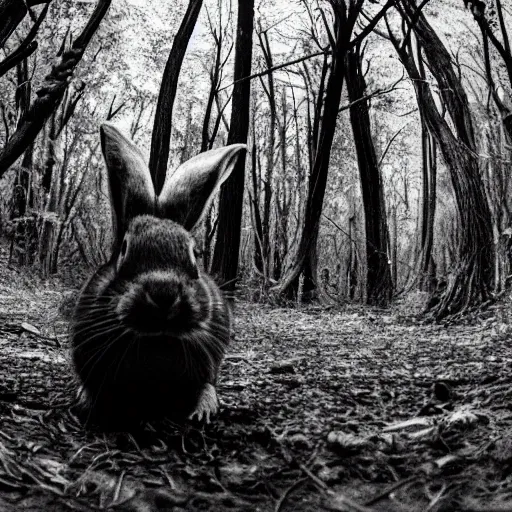 Prompt: fish eye footage of a death rabbit with human face in the forest, black and white night