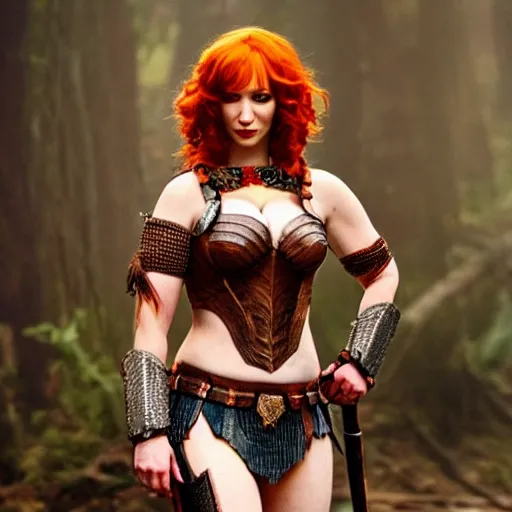 Prompt: full body photo of christina hendricks as an amazon warrior with weapons