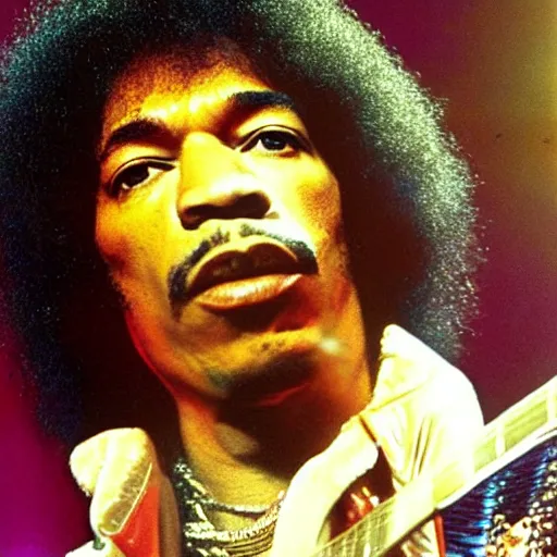 Image similar to jimi hendrix as a member of the band kiss in concert, color photo