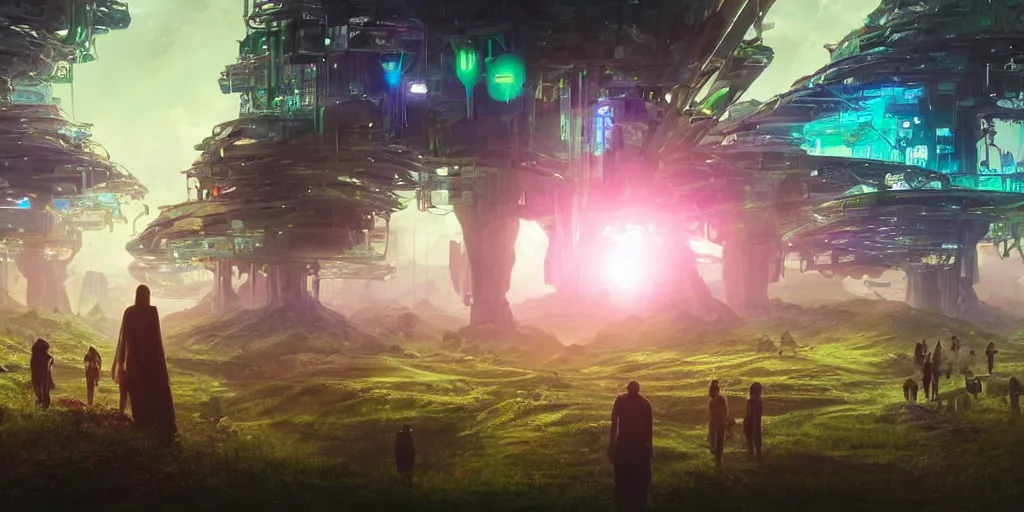 Image similar to a cinematic composition depicting : a translucid crystal - being viewing how a lush solarpunk civilization with their technology is encroaching on a distant cyberpunk world at sunrise