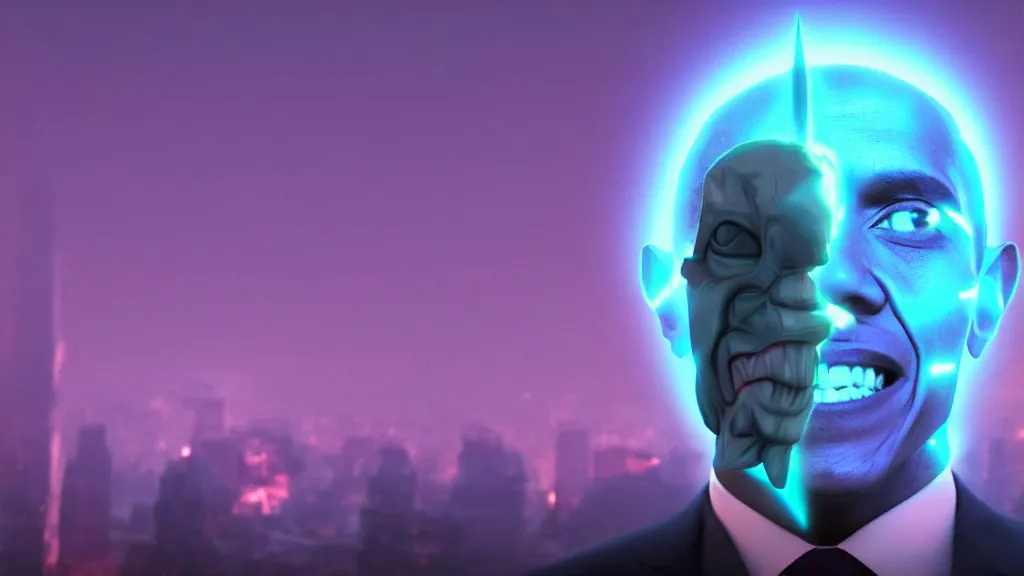 Image similar to 1000 vampire Obama clones with plasma eyes carrying an Obama god head ; render by Beeple, 4K