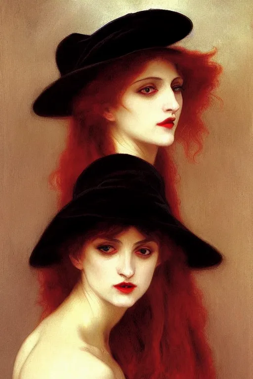 Image similar to vampire in a big hat, painting by rossetti bouguereau, detailed art, artstation