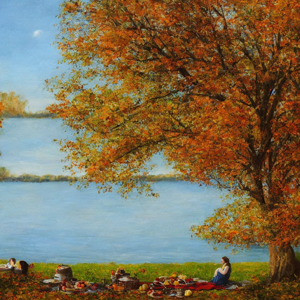 Prompt: picnic by the lake in autumn by durand