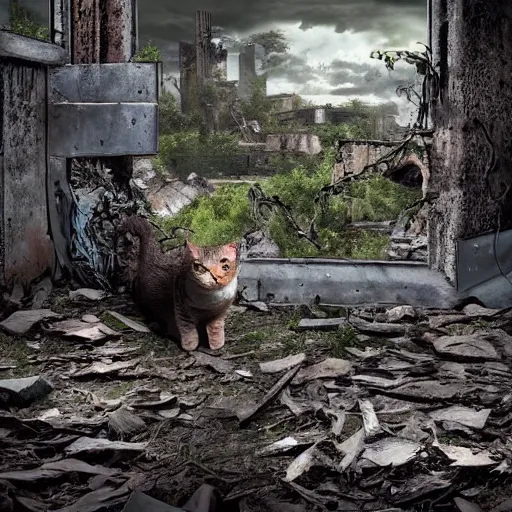 Prompt: a cat living in a post apocalyptic world, ruines, lush trees and beautiful gardens, remnants of the old civilization that once lived, highly detailed photograph.