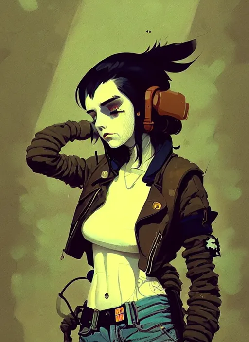 Image similar to highly detailed portrait of a moody sewerpunk young adult lady by atey ghailan, by greg rutkowski, by greg, tocchini, by james gilleard, by joe fenton, by kaethe butcher, gradient yellow, black, brown and cyan color scheme, grunge aesthetic!!! ( ( graffiti tag city background ) )