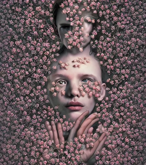 Image similar to portrait, nightmare anomalies, covered in tiny flowers by dariusz zawadzki, kenneth blom, mental alchemy, james jean, pablo amaringo, naudline pierre, contemporary art, hyper detailed