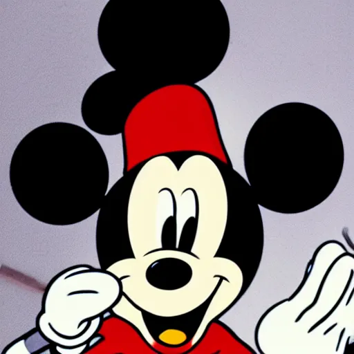 Prompt: Mickey Mouse smoking a big joint. He's stoned. His eyes are bloodshot.