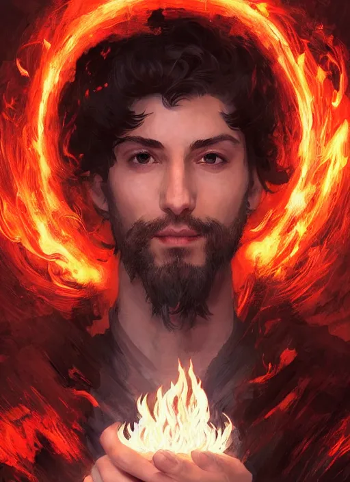 Image similar to character concept portrait of an attractive young focused Spanish wizard with pale red enchanting a flaming seduction spell, a floating burning spell book in the center, intricate, elegant, digital painting, concept art, smooth, sharp focus, illustration, from Metal Gear, by Ruan Jia and Mandy Jurgens and William-Adolphe Bouguereau, Artgerm