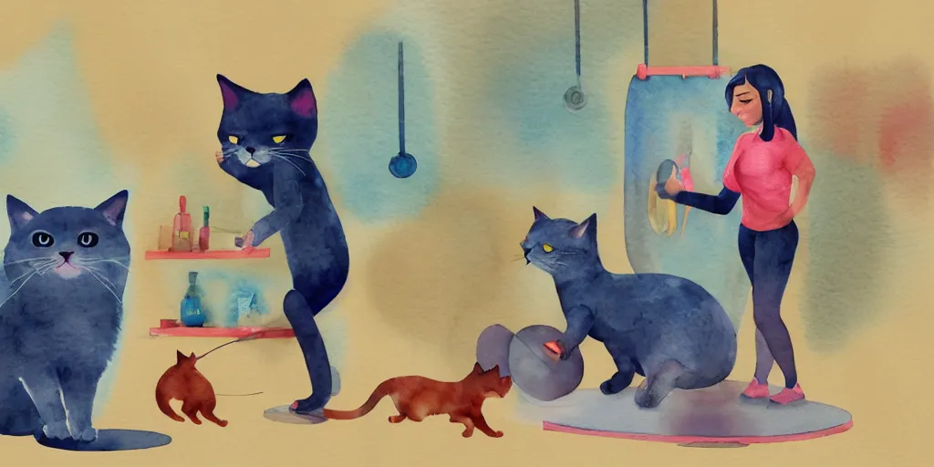 Image similar to watercolor illustration style, cute cat trainer training other cute cats in the fitness studio environment