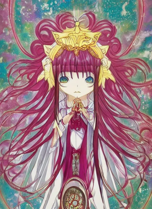 Image similar to intricately beautiful designed clow cards, Madoka Magica, high detail, painting, by CLAMP, in the style of Akiyuki Shinbo