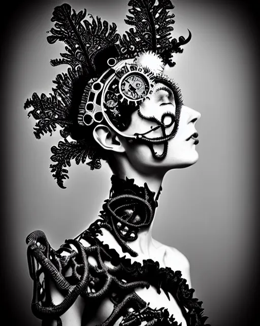 Image similar to surreal dark poetic black and white photo portrait of complex bio-mechanical beautiful young silver female vegetal-cyborg with a Mandelbrot fractal steampunk metal fine lace face, a very long neck and a fine metal floral foliage super big lace collar by Vivienne Westwood:: smoke, high fashion, haute couture, rococo, steampunk, avant-garde, silver filigree details, anatomical, facial muscles, cable wires, microchip, elegant, dreamy, foggy atmosphere, hyper realistic, 150 mm lens, soft rim light, octane render, unreal engine, picture was taken in 1910 by Man Ray, volumetric lighting, dramatic light,8k,