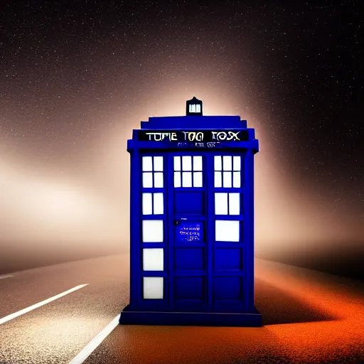 Image similar to A hyperdetailed photograph of the TARDIS sat on a futuristic street corner, night, dense fog, rain, HD, 8K resolution