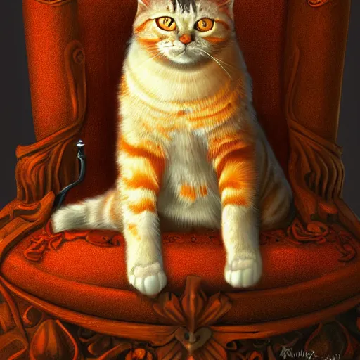 Image similar to portrait of orange marquess the cat, reneissance, sitting on throne, antropomorphic, fantasy digital art, art station