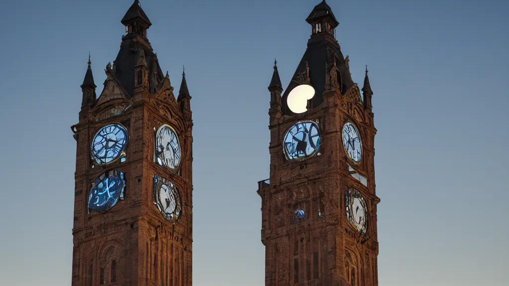 Prompt: a giant clock tower on top of a hill, with moon light coming in through the dial of the clock, 3 5 mm, f / 2. 8, lens flare, complimentary - colors