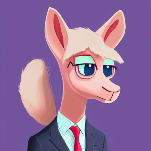 Image similar to logo of a pink alpaca in a suit in the style of zootopia, pixar, digital art, trending on artstation, award - winning