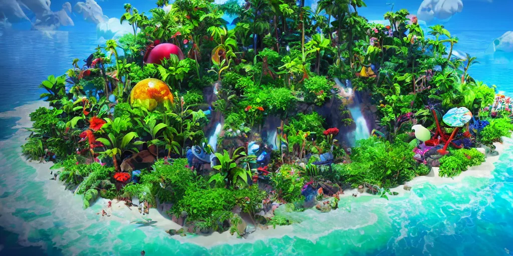 Image similar to plastic beach island lush vegetation caustics fluid simulation lighting impressive colorful masterpiece graffiti hyper perspective textured detailed intricate sharp focus 8 k octane render nvidia raytracing demo