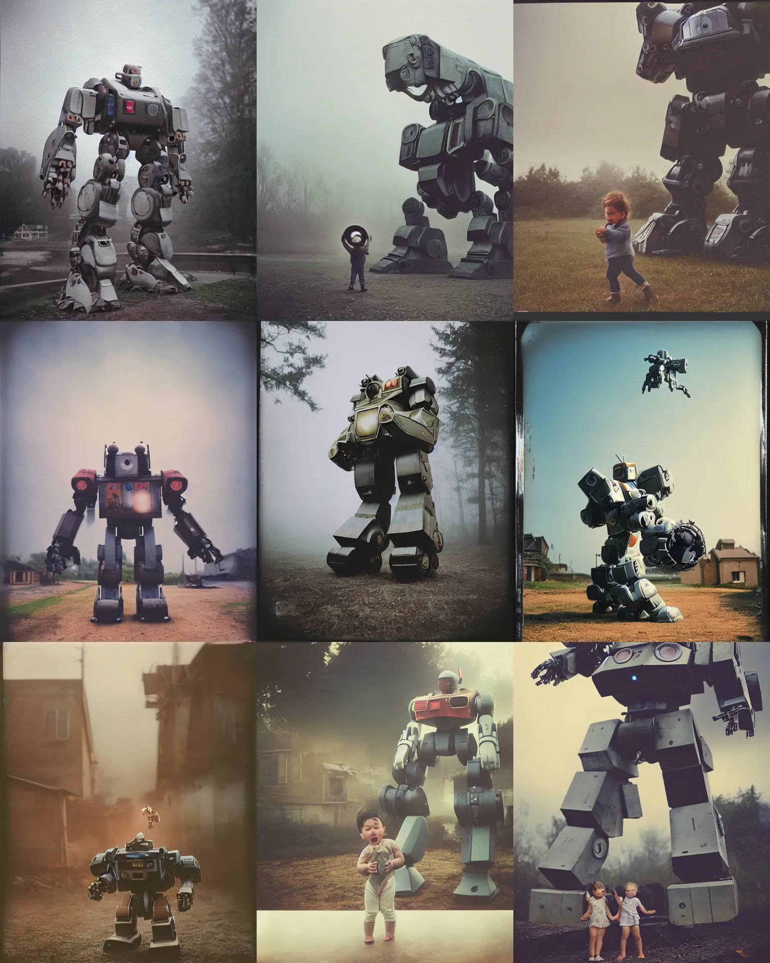 Prompt: giant oversized battle robot mech as giant baby on a village, Cinematic focus, Polaroid photo, vintage, neutral colors, soft lights, foggy, by gregory crewdson