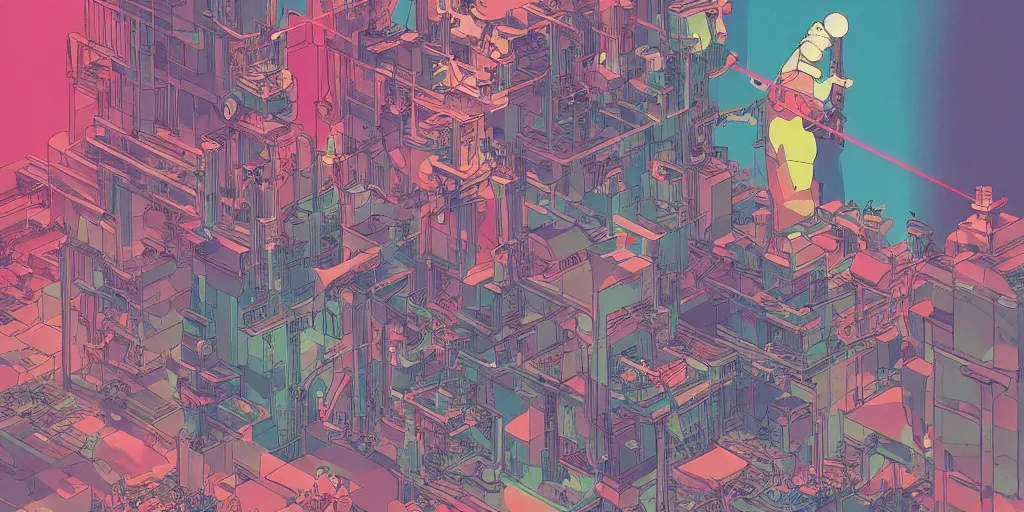 Prompt: gigantic robotic drones with lasers with human faces catch tiny robots, a lot of exotic plants around, human heads everywhere, risograph by satoshi kon and moebius, no text!, colorful flat surreal design, super - detailed, a lot of tiny details, fullshot