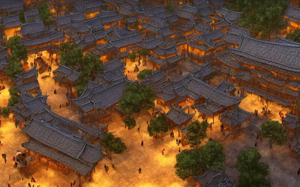 Image similar to the square of a medieval chinese village with a well in the center, arches, orange light, highly detailed, cinematic lighting, render, fantasy